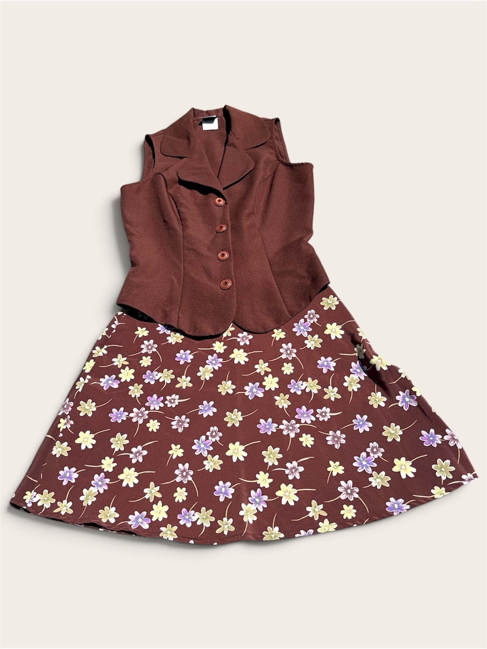 Vintage 90s Romantic Matching Set Brown Floral Skirt Vest Blazer Size 3 Made USA